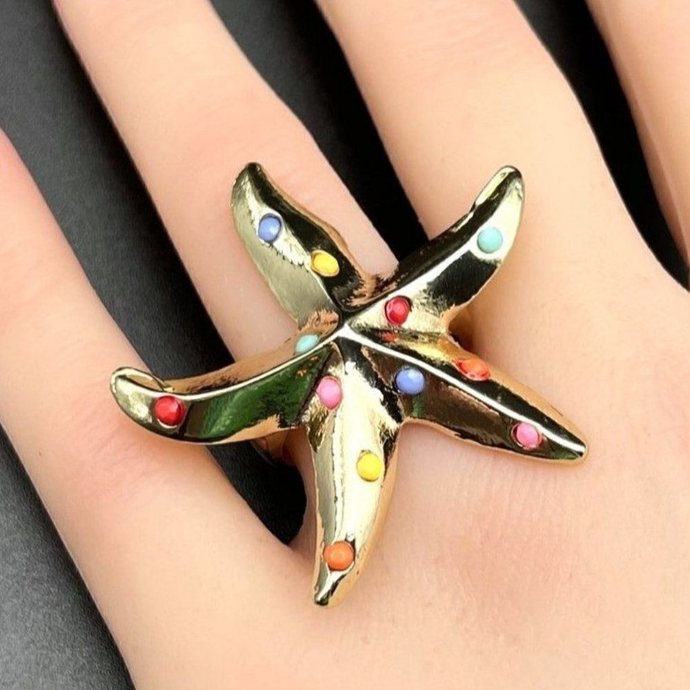 Yellow Gold with Multicolor Enamel Stone Starfish Statement Ring Size 8